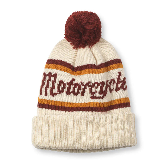 Indian Motorcycle Pillow Line Knit Pom Pom Beanie, Ivory/Dark Red