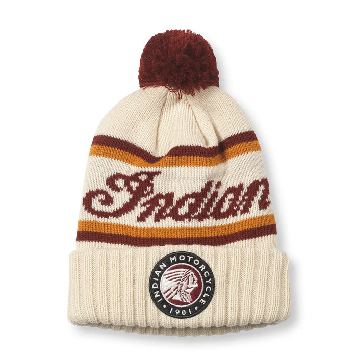 Indian Motorcycle Pillow Line Knit Pom Pom Beanie, Ivory/Dark Red