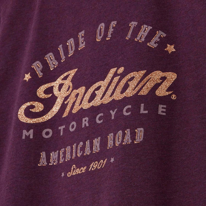 Indian Motorcycle Women's Tie Front Gold Glitter Tee, Purple | 2833418