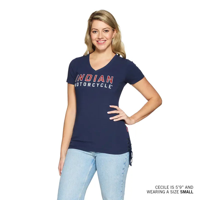 Indian Motorcycle Women's Glitter Logo Tie Tee, Navy | 2864939