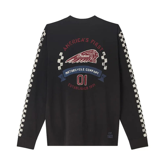 Indian Motorcycle Men's Checkered Graphic Long Sleeve T-Shirt, Black | 2866617