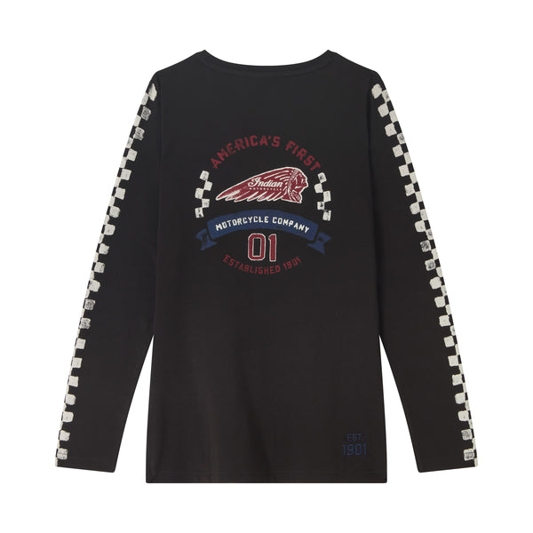 Indian Motorcycle Women's Checkered Graphic LS Tee, Black | 2866633