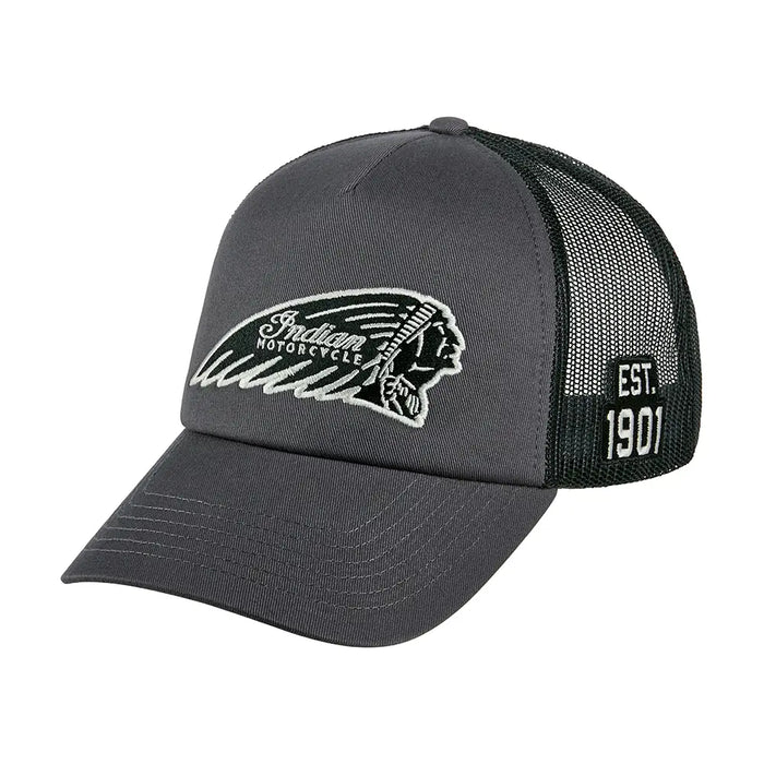 Indian Motorcycle Headdress Embroidery Trucker Cap, Gray | 2866641