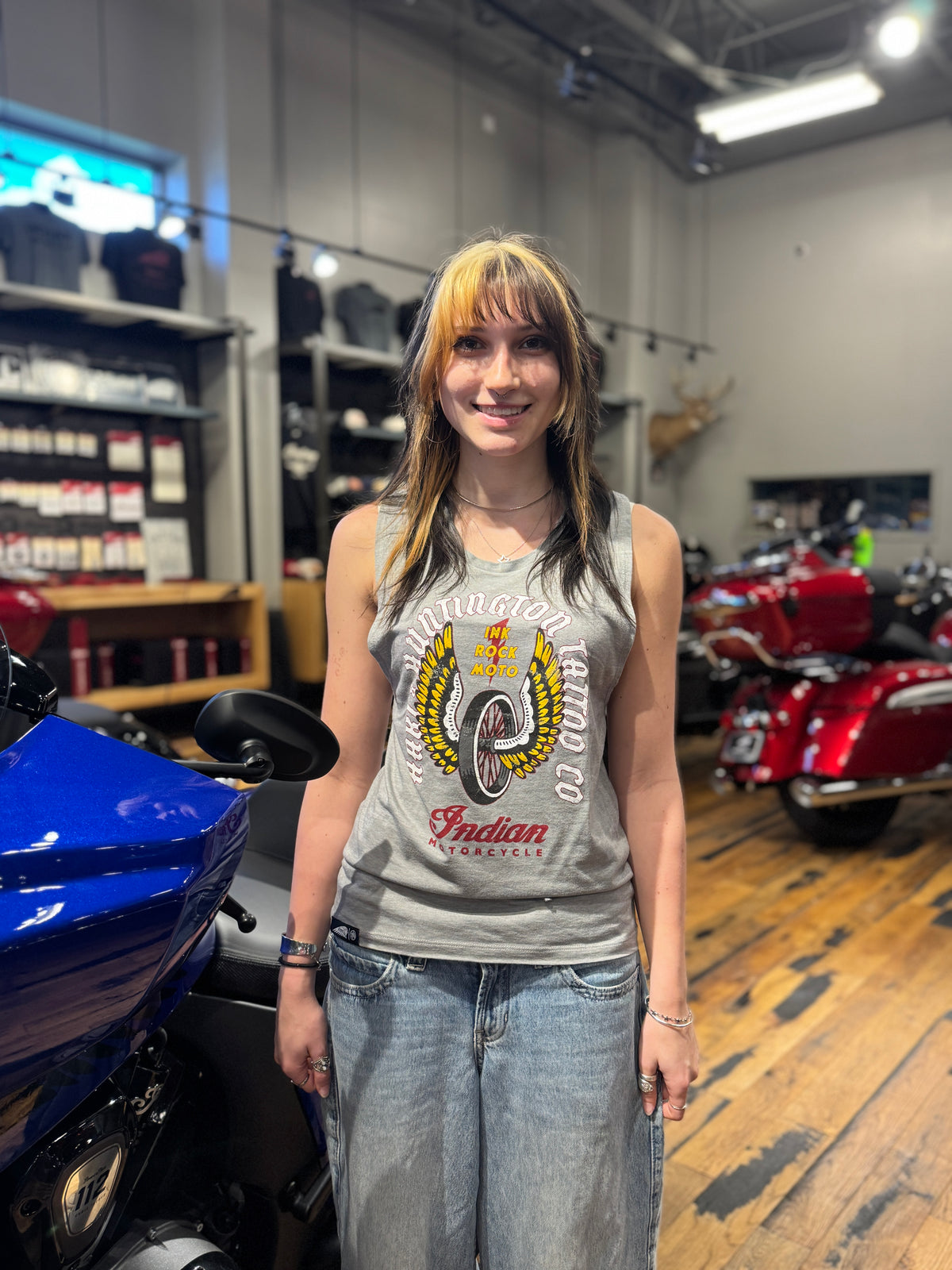 Indian Motorcycle Women's IMC X HH Winged Wheel Tank, Gray