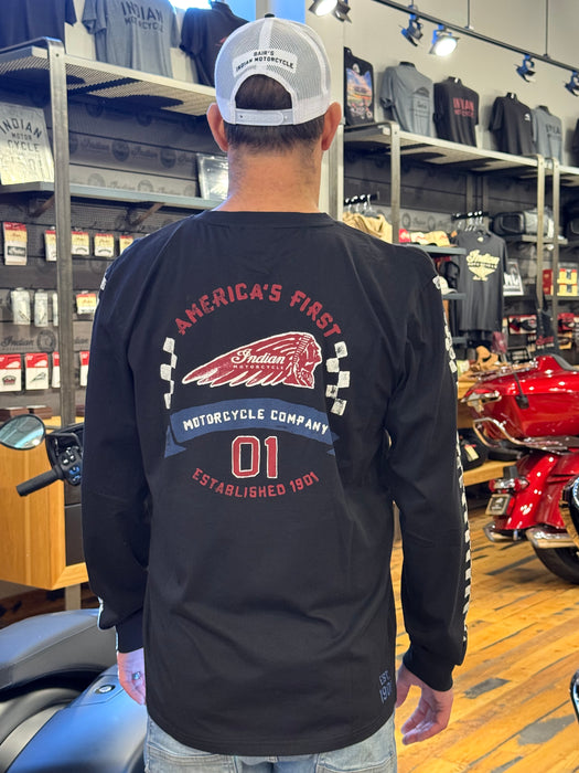 Indian Motorcycle Men's Checkered Graphic Long Sleeve T-Shirt, Black | 2866617