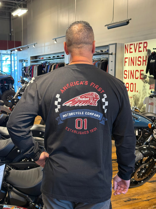Indian Motorcycle Men's Checkered Graphic Long Sleeve T-Shirt, Black | 2866617
