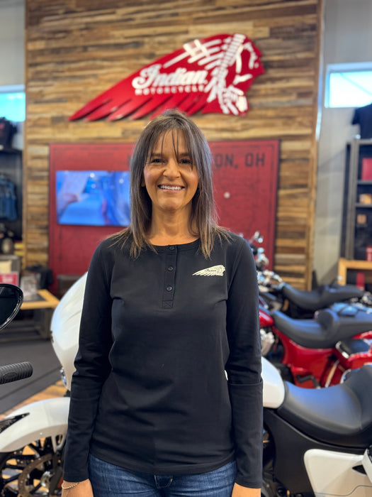 Indian Motorcycle Women's Circle Block Logo Henley LS Tee, Black | 2865739