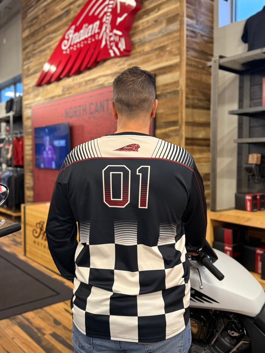 Indian Motorcycle Men's Checkered Racing LS T-Shirt, Navy | 2866379