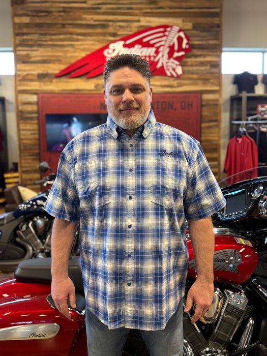 Indian Motorcycle Men's Pasadena Plaid Short Sleeve Shirt, Blue | 2866384