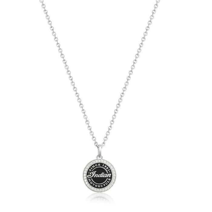 Indian Motorcycle Steel Horse Jewelry Women's Roundel Script Silver and Bling Necklace | IMJN012